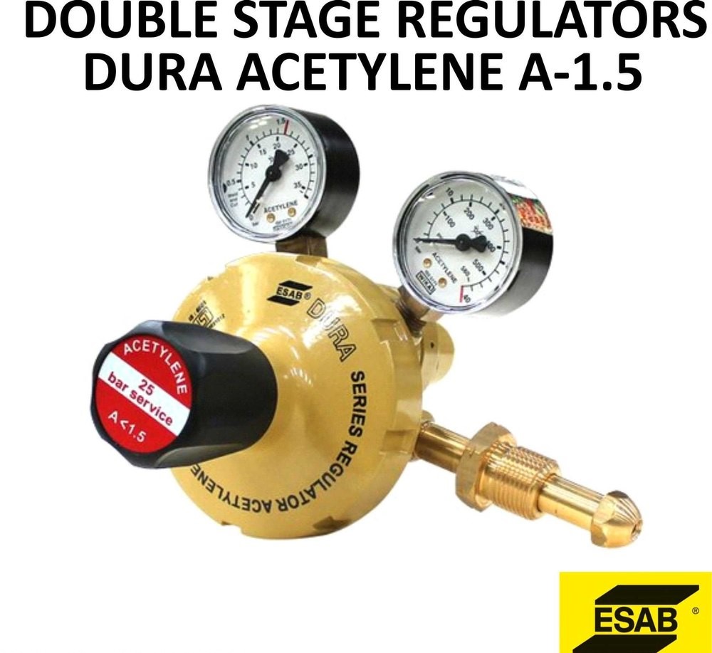 ESAB DURA A-1.5 Acetylene Double Stage Regulator – 1.5 Bar Output – ISI Certified, ISO Gauges – Heavy-Duty Gas Pressure Regulator for Welding, Cutting & Heating – 40 Bar Inlet